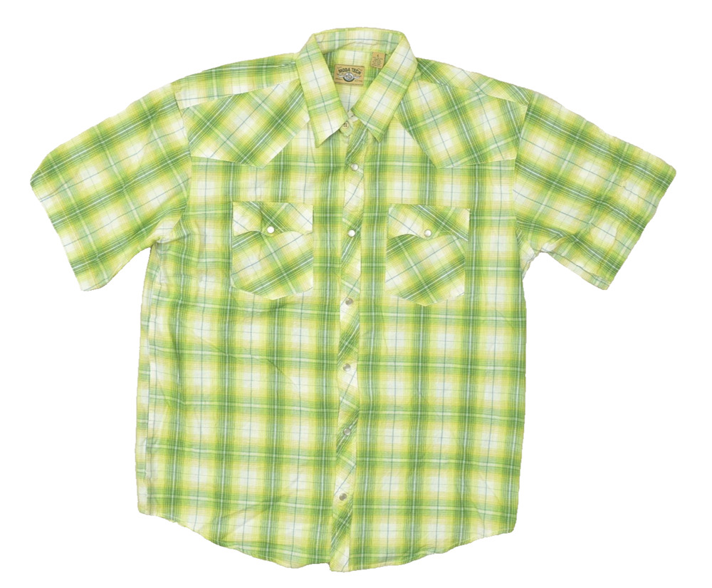 Moda Tech Men Green Yellow Plaid Western Snap Shirt Short Sleeve Regular Size L